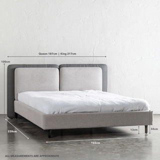 ALBARO BED FRAME  |  MISTY GREY + DEEP OLIVE MOSS VEGAN LEATHER | KING + QUEEN MEASUREMENTS