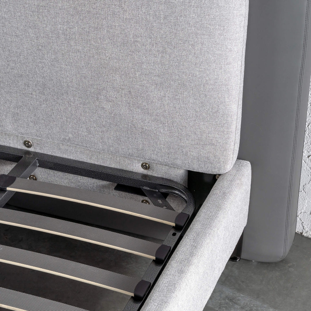 ALBARO BED HEAD + FRAME  |  MISTY GREY + DEEP OLIVE MOSS CLOSE UP