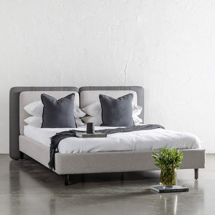 ALBARO BED HEAD + FRAME  |  MISTY GREY + DEEP OLIVE MOSS