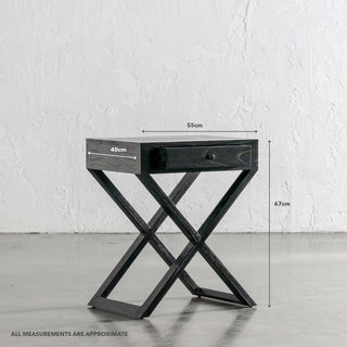 AMARA MID CENTURY CROSS LEG BEDSIDE TABLE  |  BLACK GRAIN | MEASUREMENTS