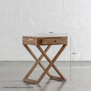 AMARA MID CENTURY CROSS LEG BEDSIDE TABLE  |  NATURAL GRAIN | MEASUREMENTS