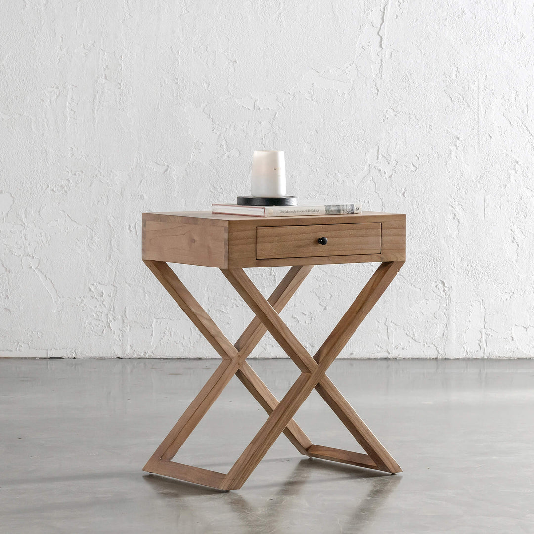 AMARA MID CENTURY CROSS LEG BEDSIDE TABLE  |  NATURAL GRAIN