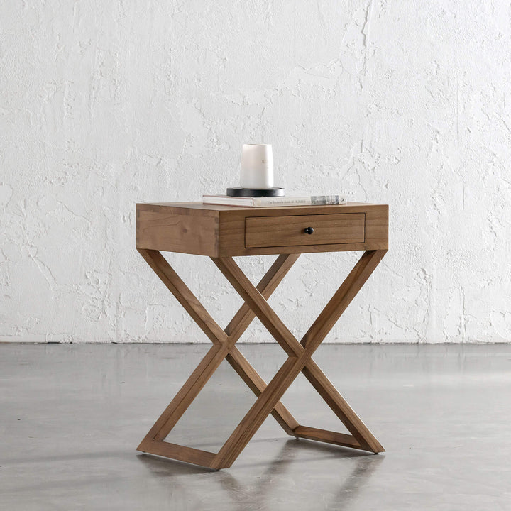 AMARA MID CENTURY CROSS LEG BEDSIDE TABLE  |  NATURAL GRAIN