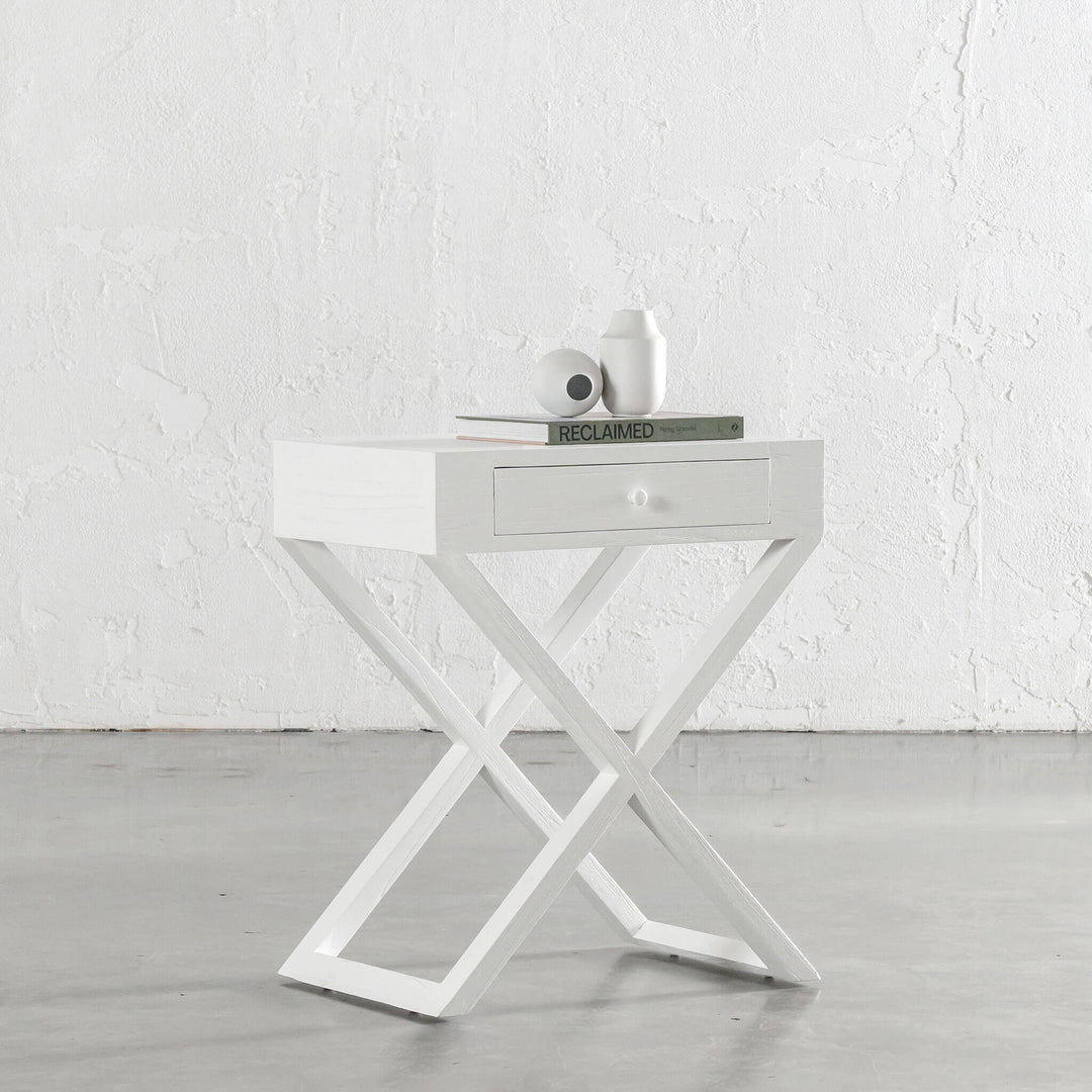 AMARA MID CENTURY CROSS LEG BEDSIDE TABLE | WHITE GRAIN