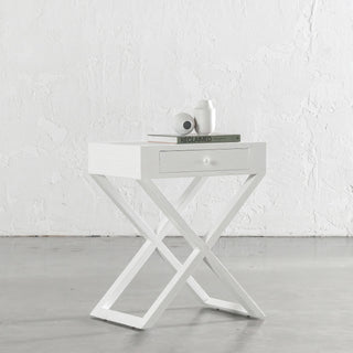 AMARA MID CENTURY CROSS LEG BEDSIDE TABLE | WHITE GRAIN