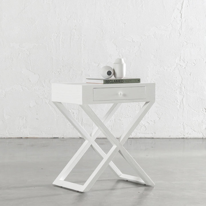 AMARA MID CENTURY CROSS LEG BEDSIDE TABLE | WHITE GRAIN