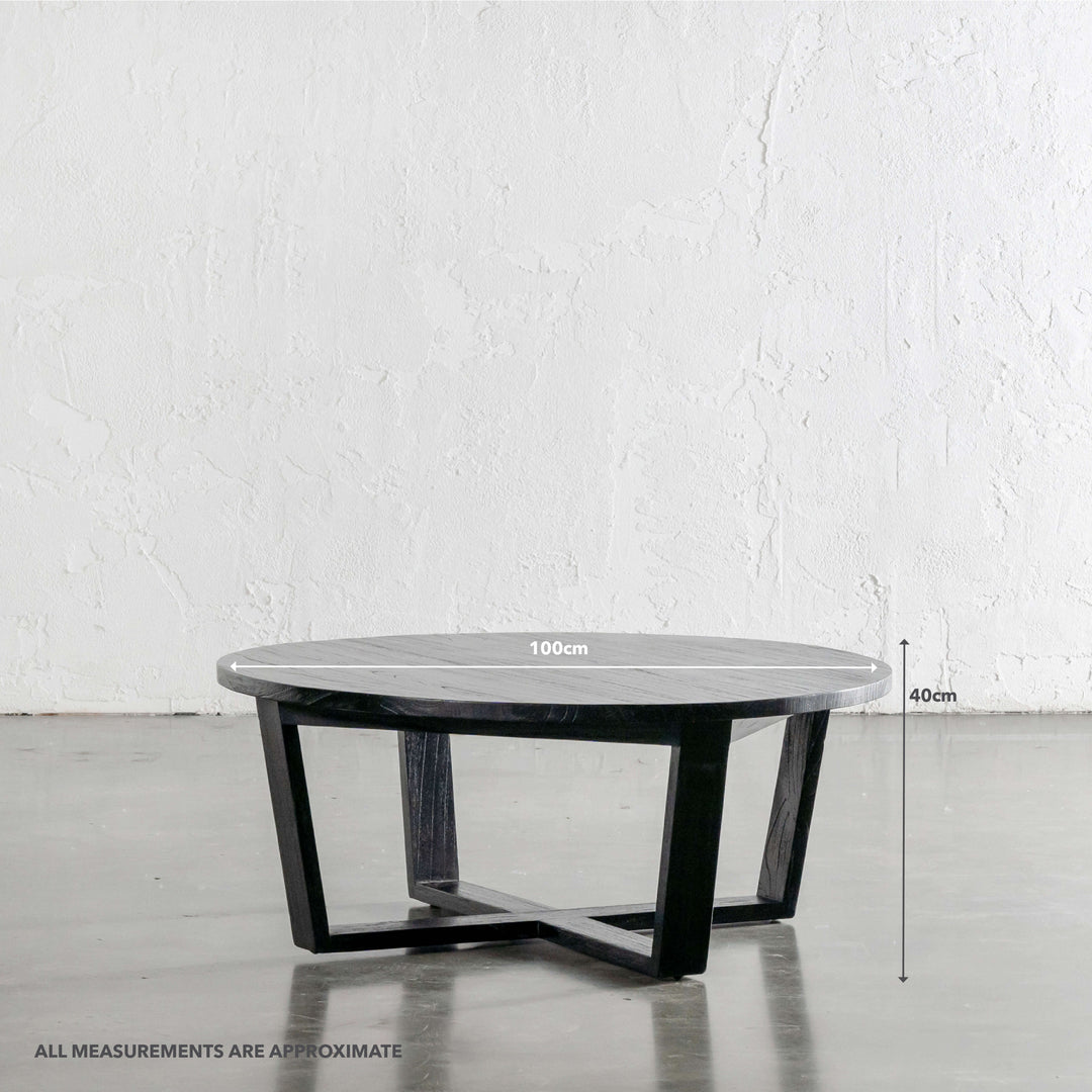 AMARA MID CENTURY TIMBER COFFEE TABLE  |  SOLID TOP BLACK | ROUND | MEASUREMENTS