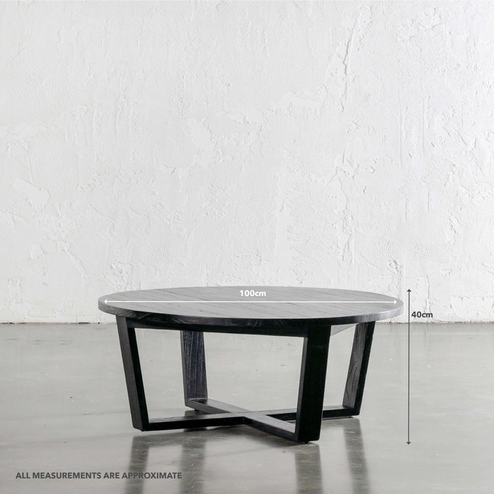 AMARA MID CENTURY TIMBER COFFEE TABLE  |  SOLID TOP BLACK | ROUND | MEASUREMENTS