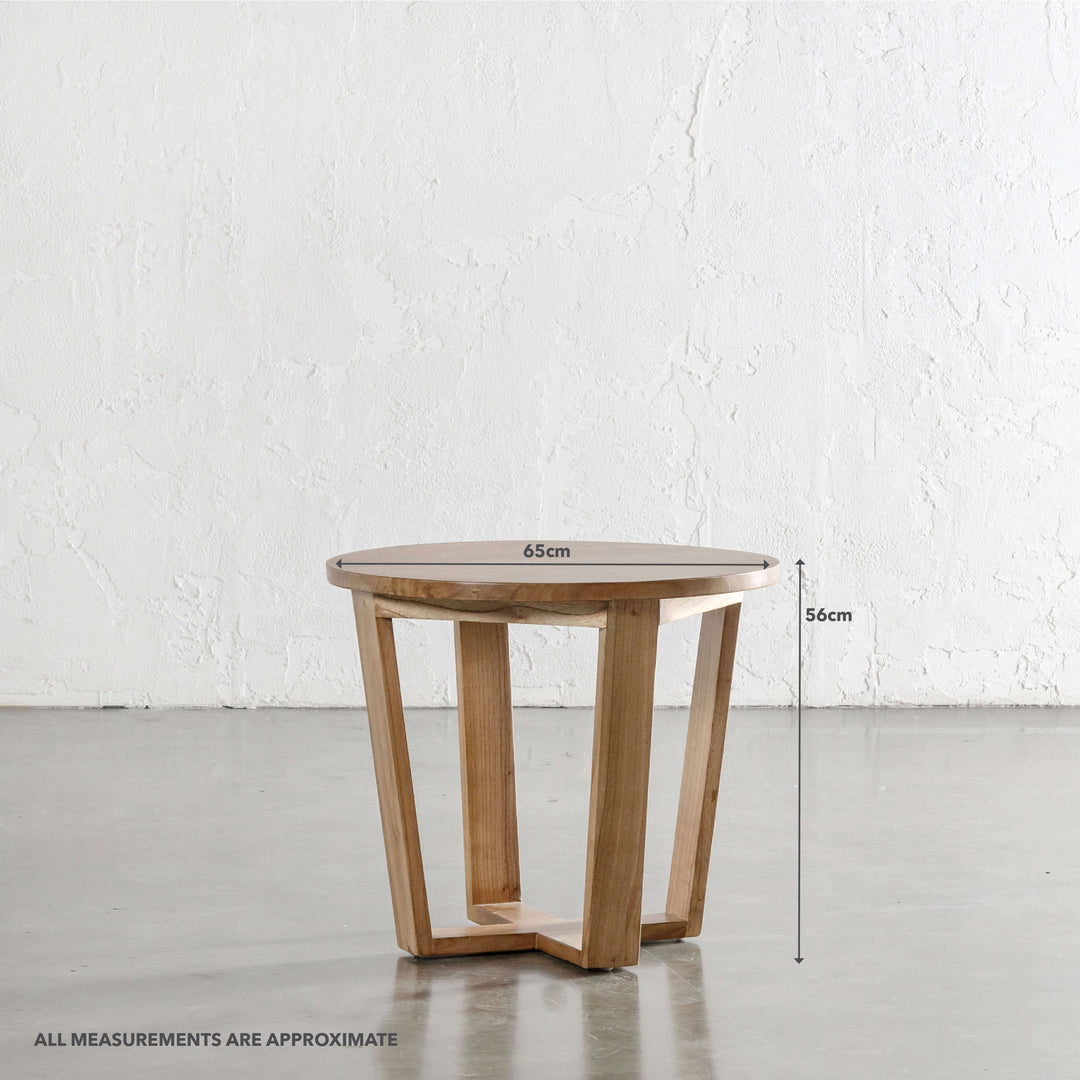 AMARA MID CENTURY TIMBER TERRACE SIDE TABLE  |  SOLID TOP | ROUND | MEASUREMENTS