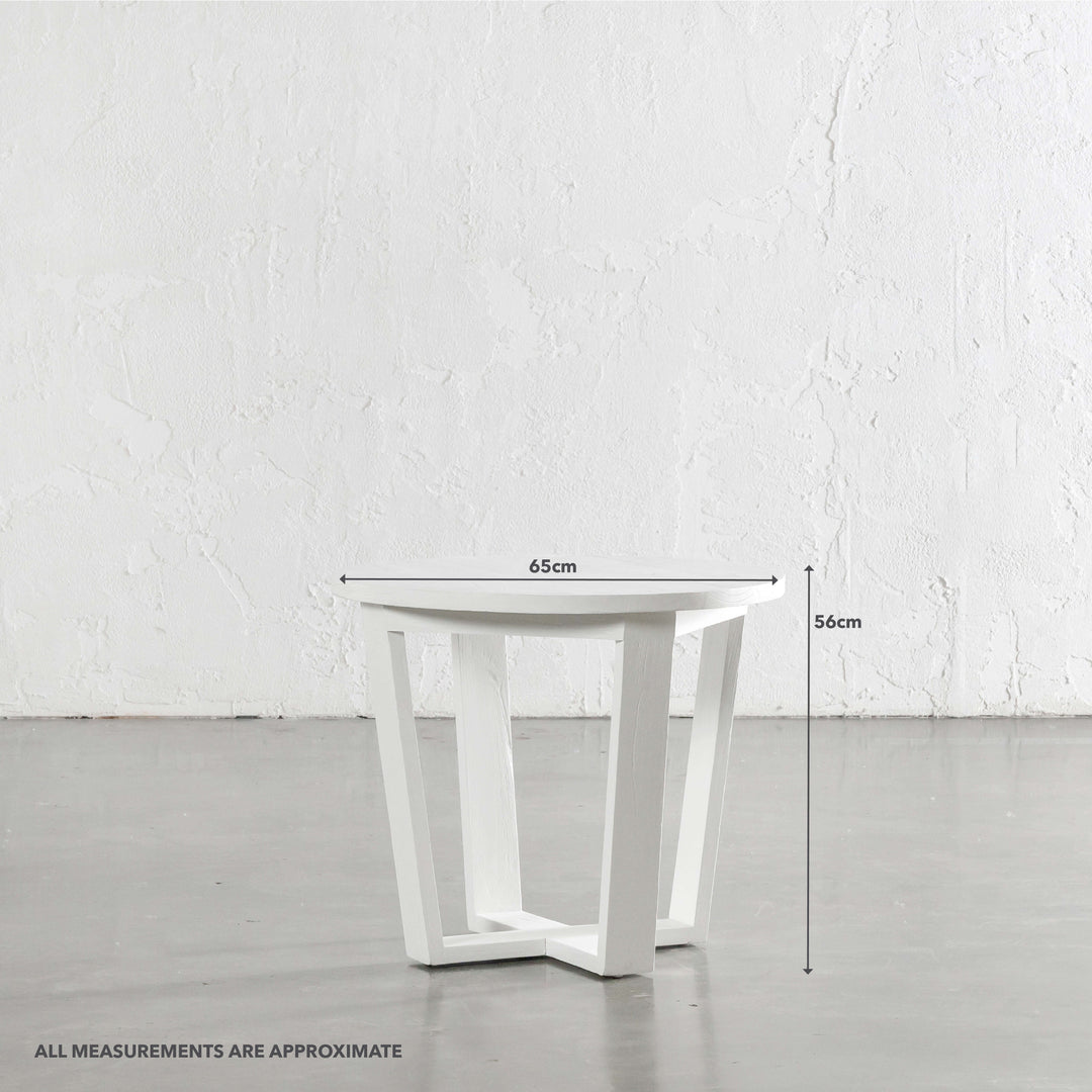 AMARA MID CENTURY TIMBER TERRACE SIDE TABLE  |  SOLID TOP WHITE | ROUND | MEASUREMENTS