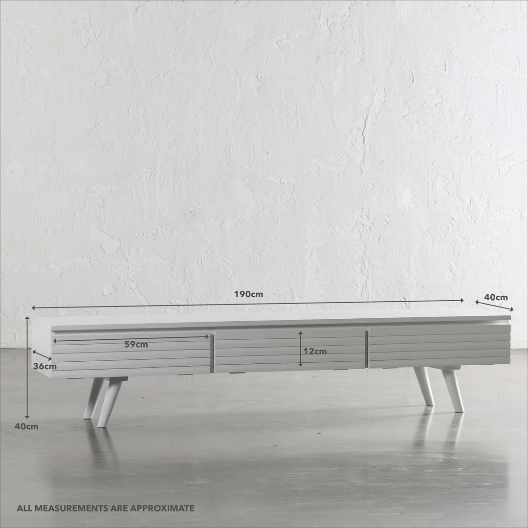 AMARA MID CENTURY TIMBER TV STAND  |  CLOSED 3 DOOR 190CM  |  WHITE | MEASUREMENTS