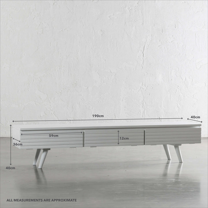 AMARA MID CENTURY TIMBER TV STAND  |  CLOSED 3 DOOR 190CM  |  WHITE | MEASUREMENTS