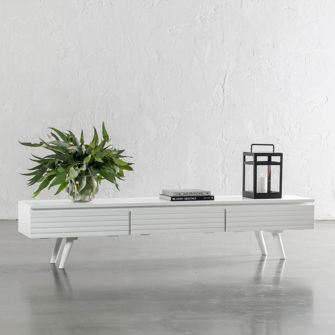 AMARA MID CENTURY TIMBER TV STAND | CLOSED 3 DOOR 190CM | WHITE