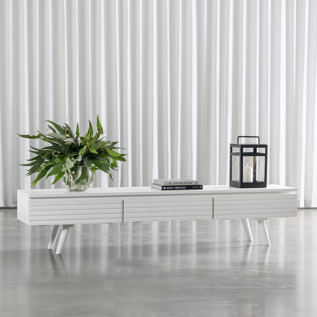 AMARA MID CENTURY TIMBER TV STAND | CLOSED 3 DOOR 190CM | WHITE