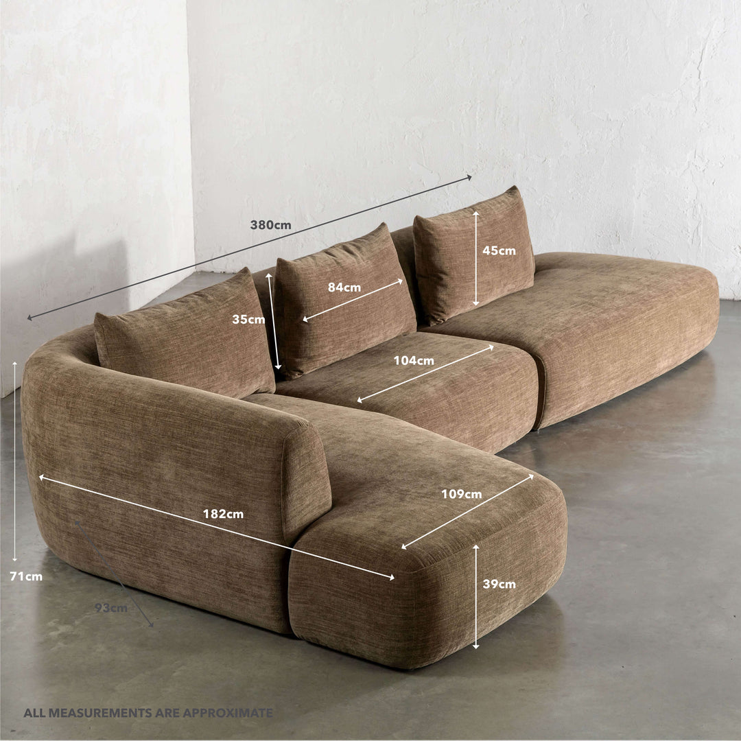 AMEDEO CORNER MODULAR CHAISE LOUNGE SOFA  |  BURNT CARAMEL | MEASUREMENTS