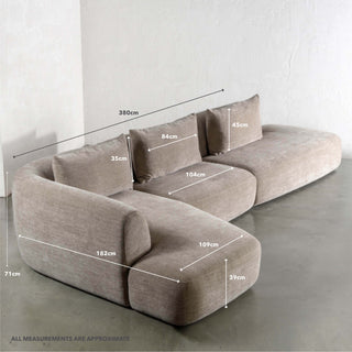 AMEDEO CORNER MODULAR CHAISE LOUNGE SOFA  |  DRIFTWOOD TAUPE | MEASUREMENTS