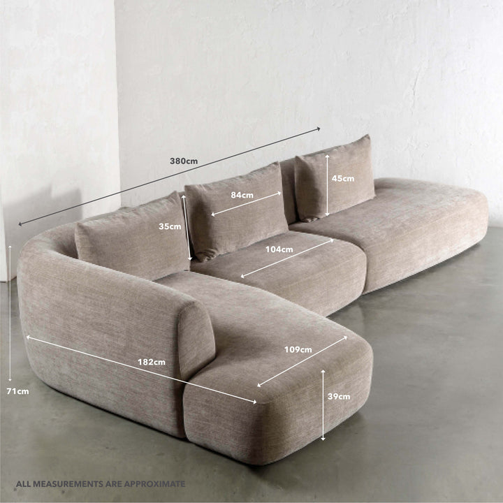AMEDEO CORNER MODULAR CHAISE LOUNGE SOFA  |  DRIFTWOOD TAUPE | MEASUREMENTS