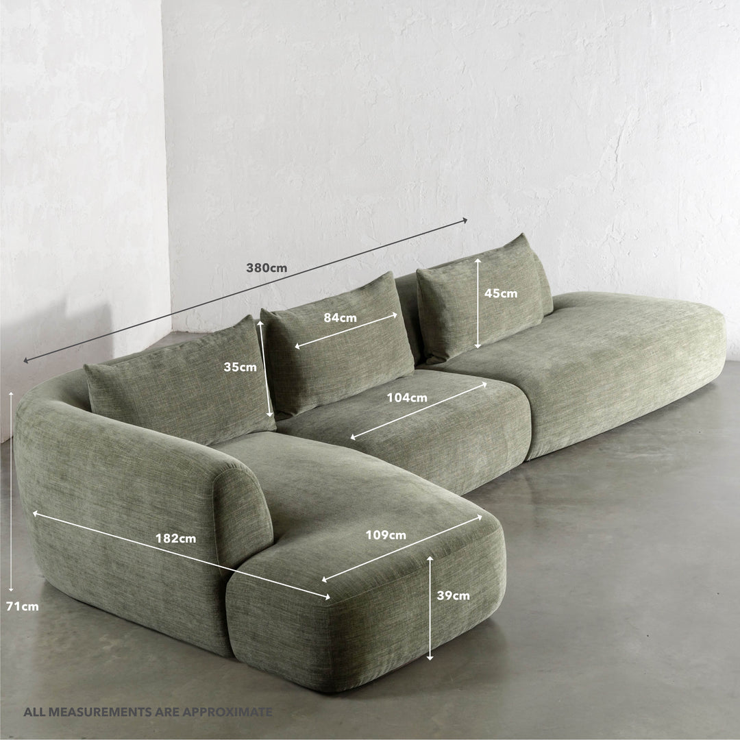 AMEDEO CORNER MODULAR CHAISE LOUNGE SOFA  |  OLIVE SMOKE GROVE | MEASUREMENTS
