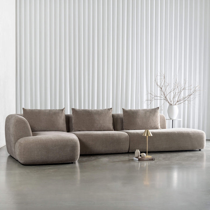 AMEDEO CORNER MODULAR CHAISE LOUNGE SOFA  |  DRIFTWOOD TAUPE - STYLED CURTAIN