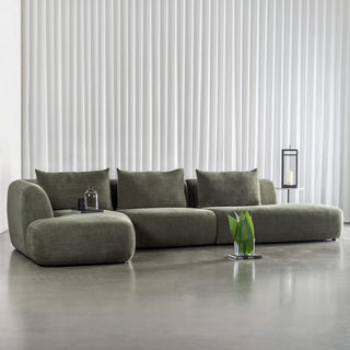 AMEDEO CORNER MODULAR CHAISE LOUNGE SOFA  |  OLIVE SMOKE GROVE - STYLED WITH CURTAIN