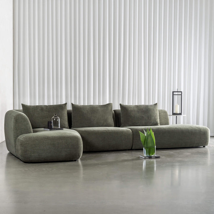 AMEDEO CORNER MODULAR CHAISE LOUNGE SOFA  |  OLIVE SMOKE GROVE - STYLED WITH CURTAIN