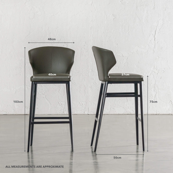 ANDERS BAR CHAIR  |  MEDITERRANEAN DEEP OLIVE VEGAN LEATHER | MEASUREMENTS