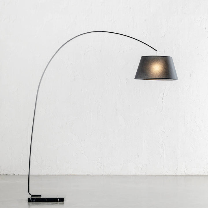 ARC EIGHTY CURVE FLOOR LAMP | BLACK + BLACK MARBLE BASE | LIGHT ON