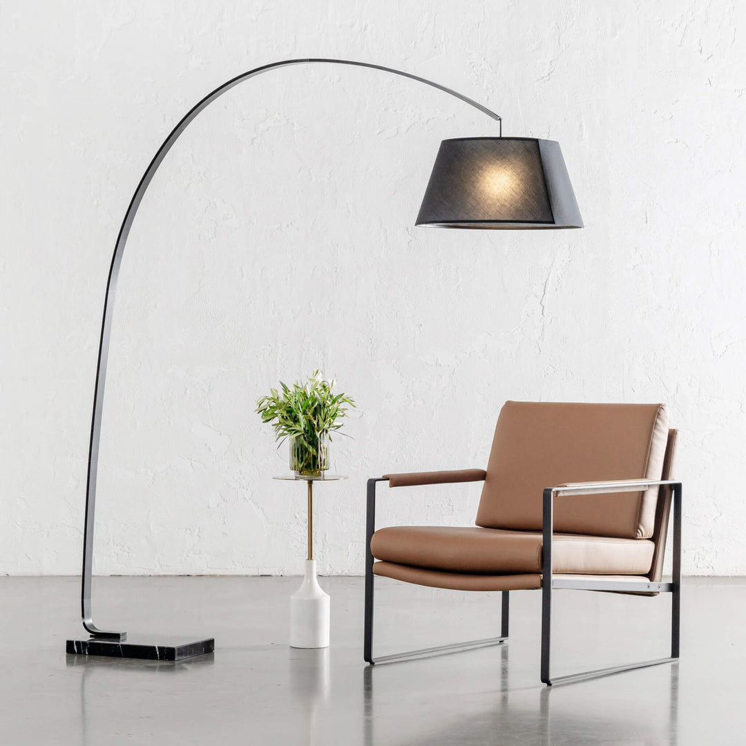 ARC EIGHTY CURVE FLOOR LAMP | BLACK + BLACK MARBLE BASE | STYLED