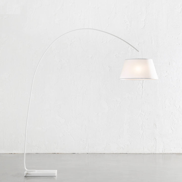 ARC EIGHTY CURVE FLOOR LAMP | WHITE + WHITE MARBLE BASE | LIGHT ON