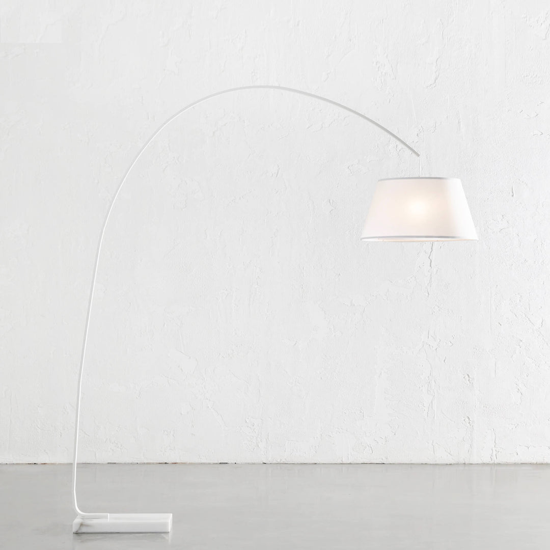 ARC EIGHTY CURVE FLOOR LAMP | WHITE + WHITE MARBLE BASE | LIGHT ON