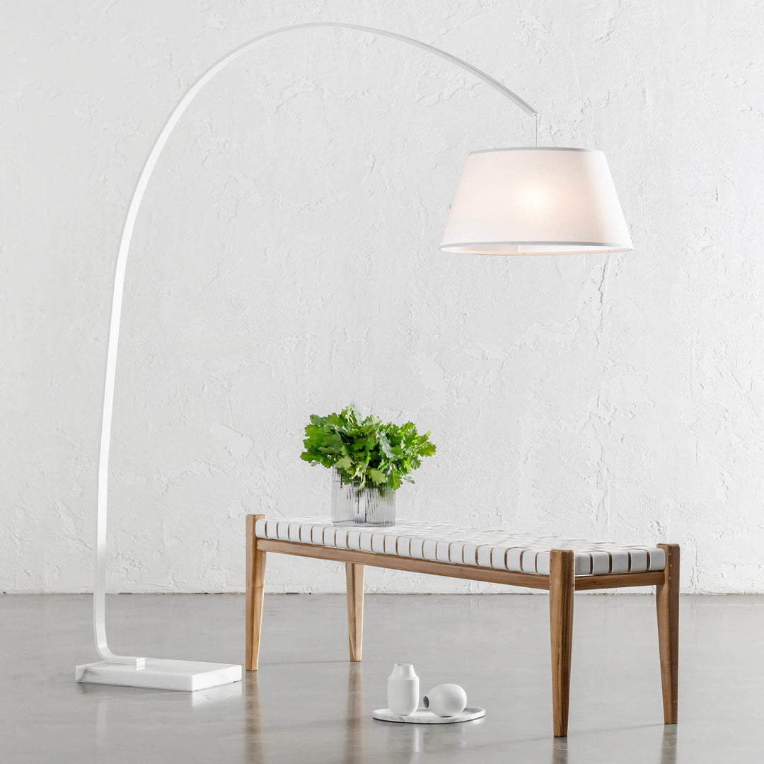 ARC EIGHTY CURVE FLOOR LAMP | WHITE + WHITE MARBLE BASE | STYLED