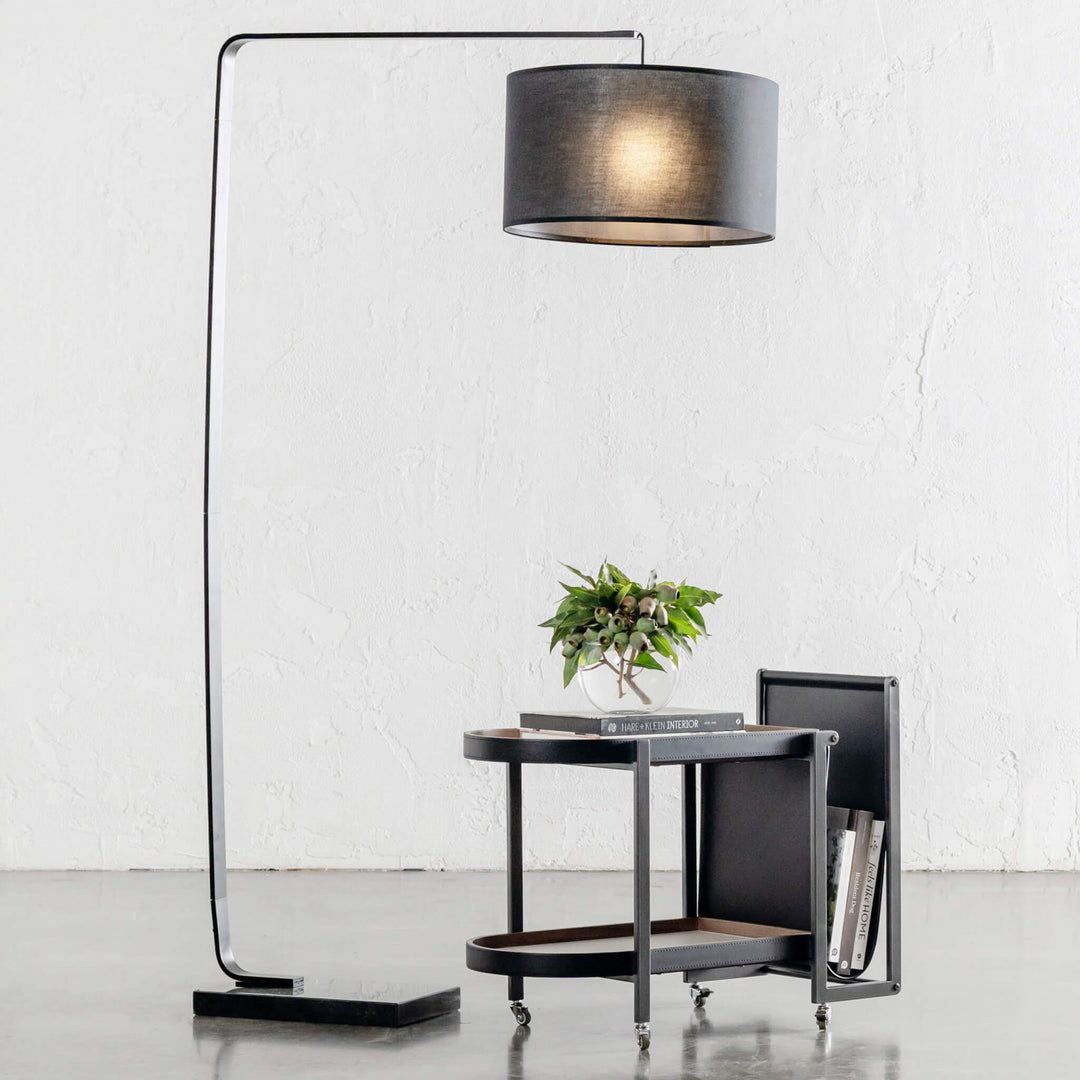 ARC NINETY SQUARE FLOOR LAMP | BLACK + BLACK MARBLE BASE | STYLED