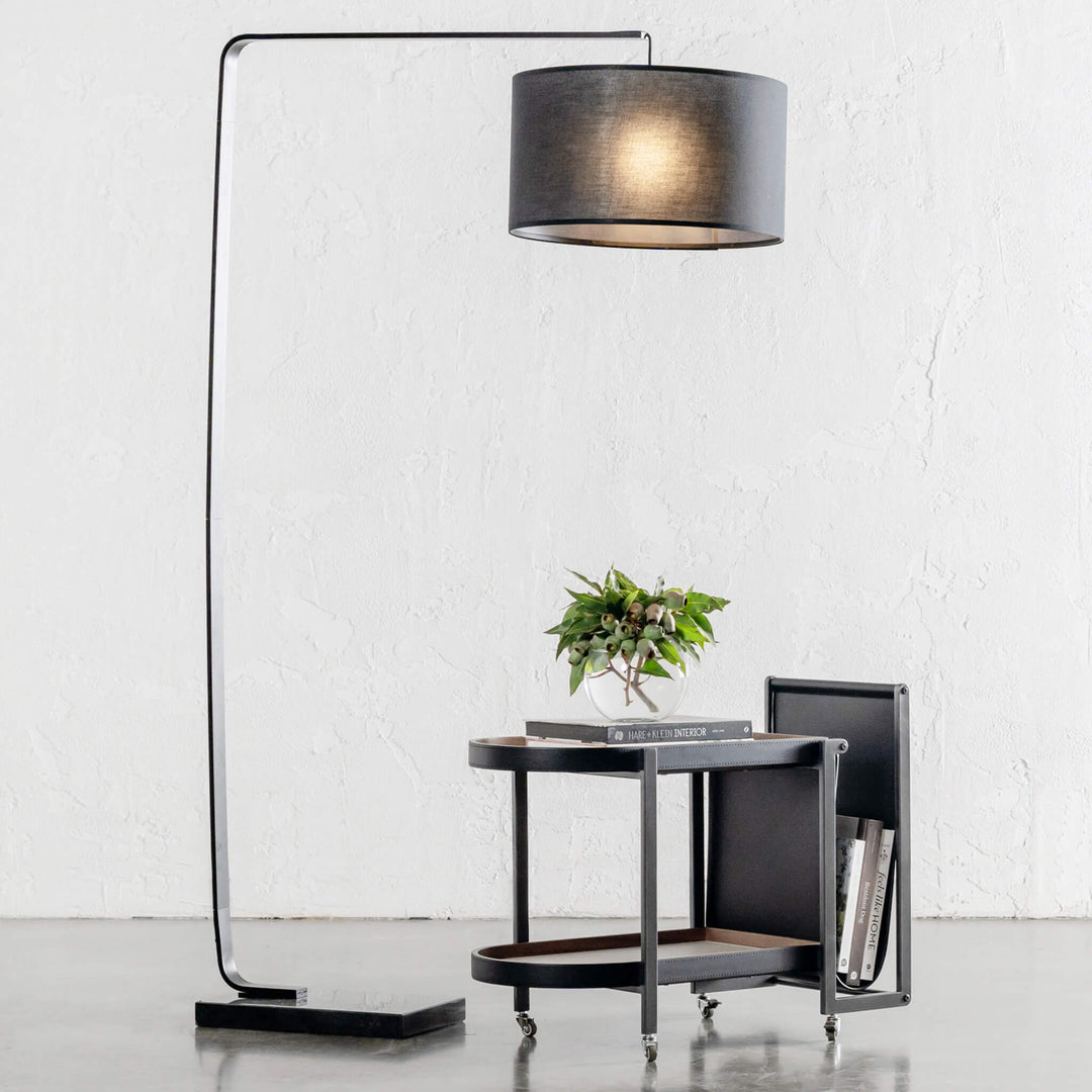 ARC NINETY SQUARE FLOOR LAMP | BLACK + BLACK MARBLE BASE