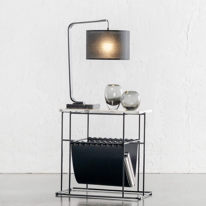 ARC NINETY SQUARE TABLE LAMP | BLACK + BLACK MARBLE BASE | STYLED