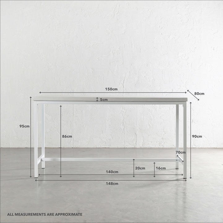 ARIA CONCRETE GRANITE BAR TABLE | 150CM | BIANCO CIMENT + WHITE FRAME | MEASUREMENTS
