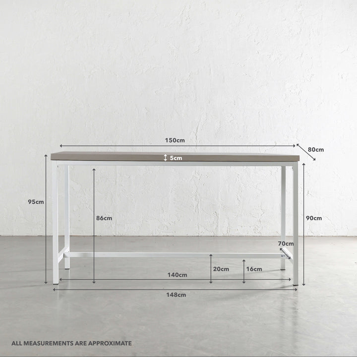 ARIA CONCRETE GRANITE BAR TABLE | 150CM | SAHARA CIMENT + WHITE FRAME | MEASUREMENTS
