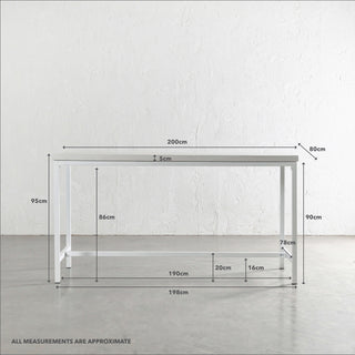 ARIA CONCRETE GRANITE BAR TABLE | 200CM | BIANCO CIMENT + WHITE FRAME | MEASUREMENTS