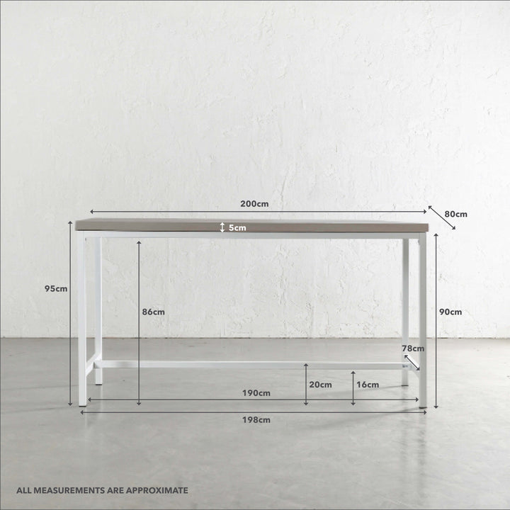 ARIA CONCRETE GRANITE BAR TABLE | 200CM | SAHARA CIMENT + WHITE FRAME | MEASUREMENTS