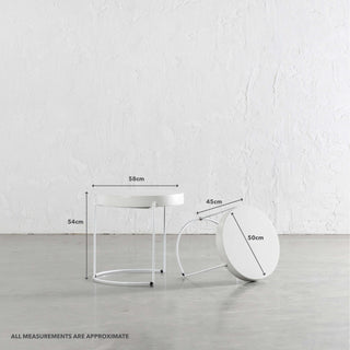 ARIA CONCRETE GRANITE SIDE TABLES  |  ROUND  |  PACKAGE 2 x SIDE TABLES  |  BIANCO CIMENT + WHITE FRAME | MEASUREMENTS