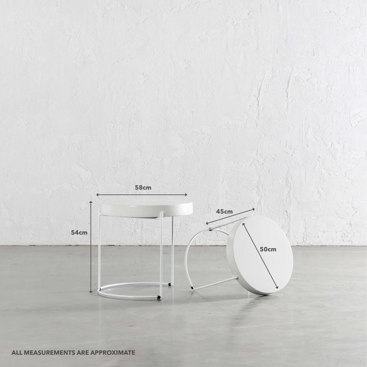 ARIA CONCRETE GRANITE SIDE TABLES  |  ROUND  |  PACKAGE 2 x SIDE TABLES  |  BIANCO CIMENT + WHITE FRAME | MEASUREMENTS