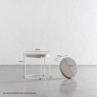 ARIA CONCRETE GRANITE SIDE TABLES  |  ROUND  |  PACKAGE 2 x SIDE TABLES  |  SAHARA CIMENT + WHITE FRAME | MEASUREMENTS