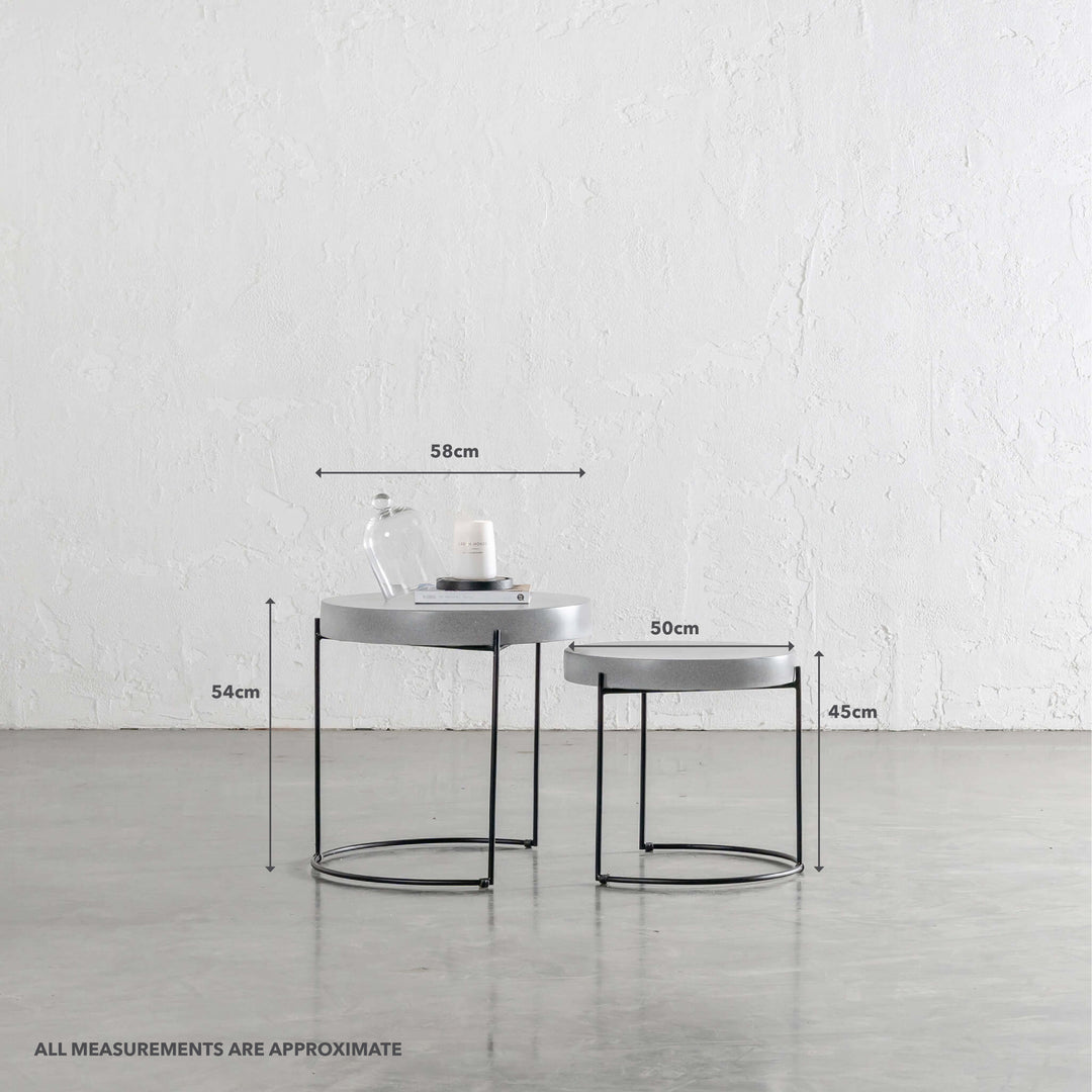 ARIA CONCRETE GRANITE SIDE TABLES  |  ROUND  |  PACKAGE 2 x SIDE TABLES  |  ZINC ASH | MEASUREMENTS