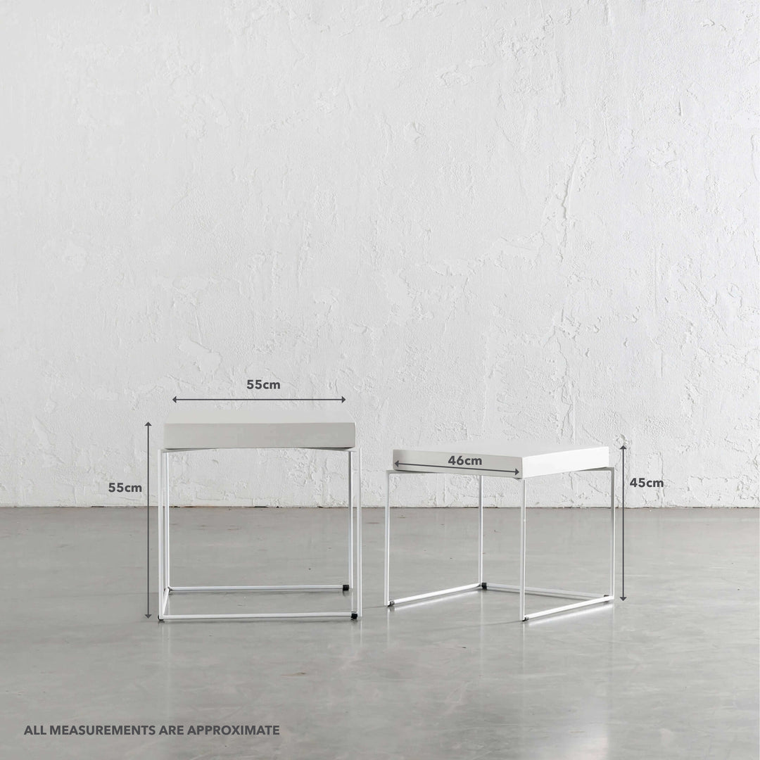 ARIA CONCRETE GRANITE SIDE TABLES |  SQUARE  |  PACKAGE  2 x SIDE TABLES  | BIANCO CIMENT + WHITE FRAME | MEASUREMENTS