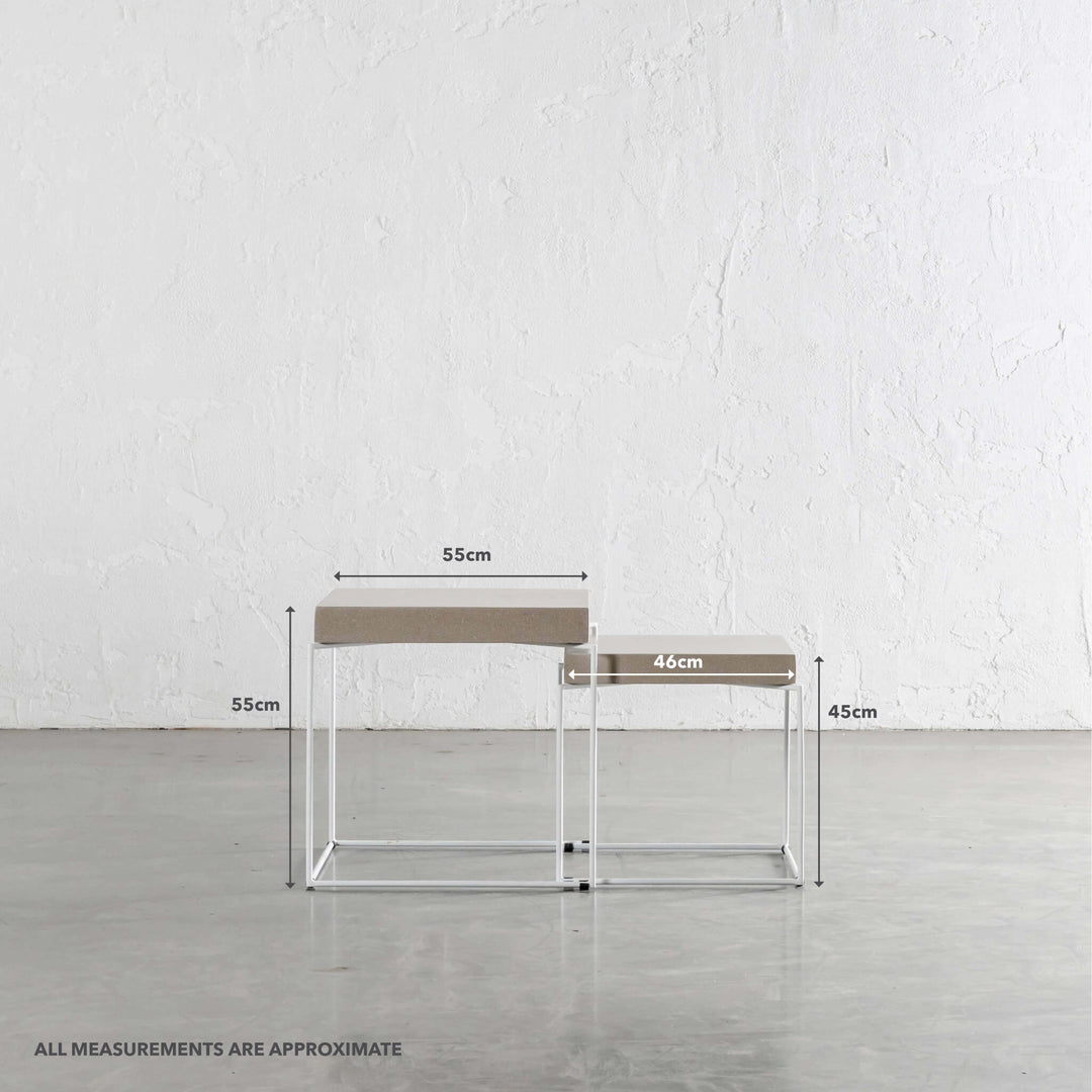 ARIA CONCRETE GRANITE SIDE TABLES |  SQUARE  |  PACKAGE  2 x SIDE TABLES  | SAHARA CIMENT + WHITE FRAME | MEASUREMENTS