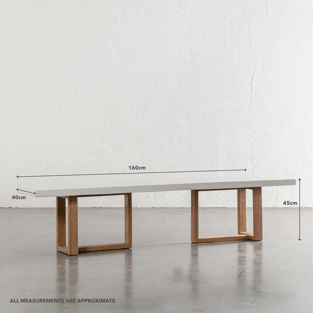 ARIA HALMSTAD BENCH  |  SAHARA CIMENT + TEAK LEGS  |  160CM | MEASUREMENTS