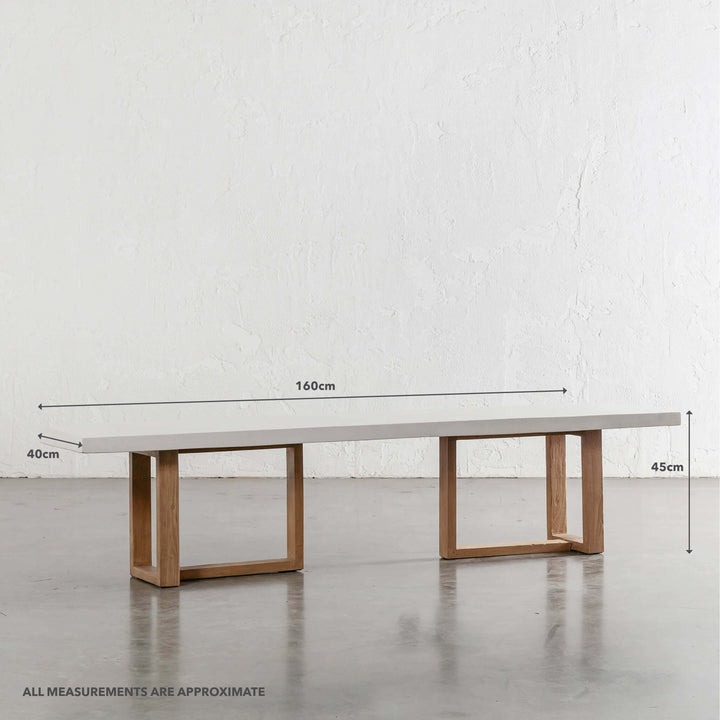 ARIA HALMSTAD BENCH  |  SAHARA CIMENT + TEAK LEGS  |  160CM | MEASUREMENTS