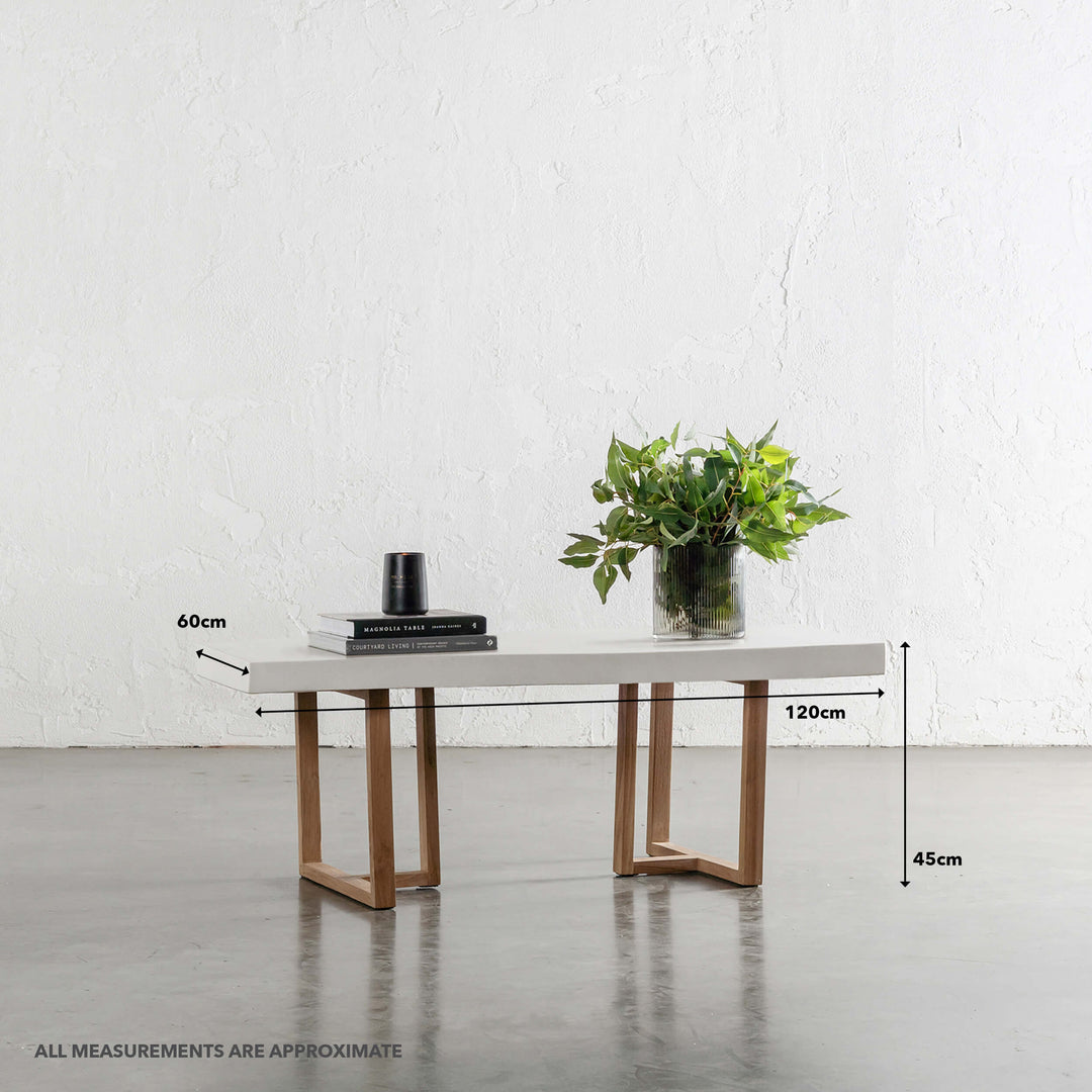 ARIA HALMSTAD COFFEE TABLE | BIANCO CIMENT + TEAK LEGS | 120CM  |  MEASUREMENTS