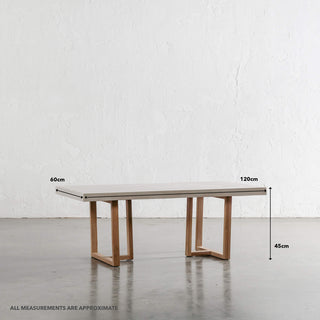 ARIA HALMSTAD COFFEE TABLE | SAHARA CIMENT + TEAK LEGS | 120CM  |  MEASUREMENTS