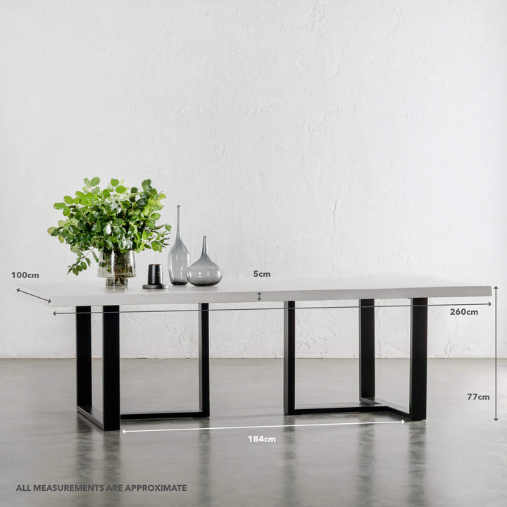 PRE ORDER | ARIA HALMSTAD DINING TABLE | BIANCO CIMENT + BLACK IRON LEGS | 260CM | MEASUREMENTS