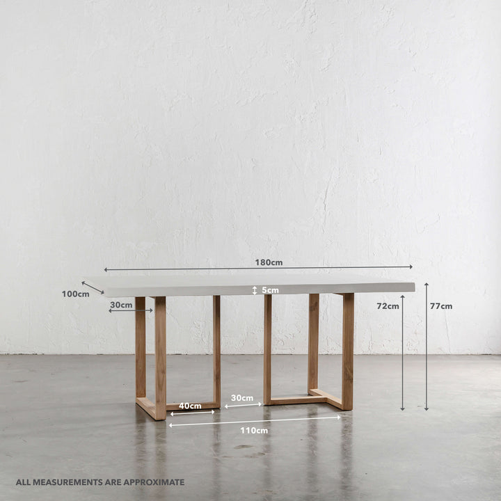 ARIA HALMSTAD DINING TABLE  |  BIANCO CIMENT + TEAK LEGS  |  180CM | MEASUREMENTS